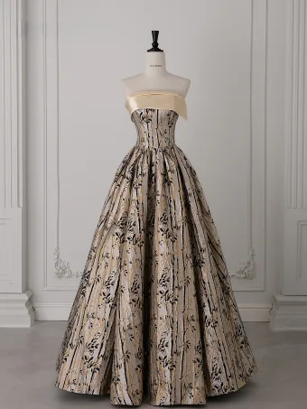 Vintage Originale Champagne Glitter Impression Robe De Bal 2025 Princesse Bustier Sans Manches Dos Nu Longue Robe De Ceremonie