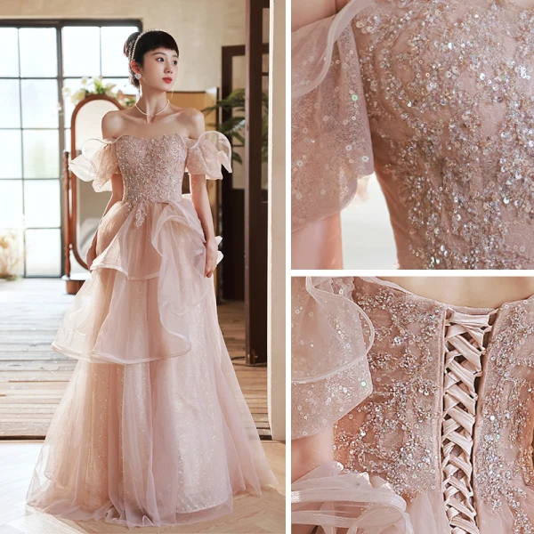 Charmant Rosa Perlenstickerei Pailletten Ballkleider 2022 A Linie Off Shoulder Kurze Ärmel Rückenfreies Fallende Rüsche Lange Festliche Kleider
