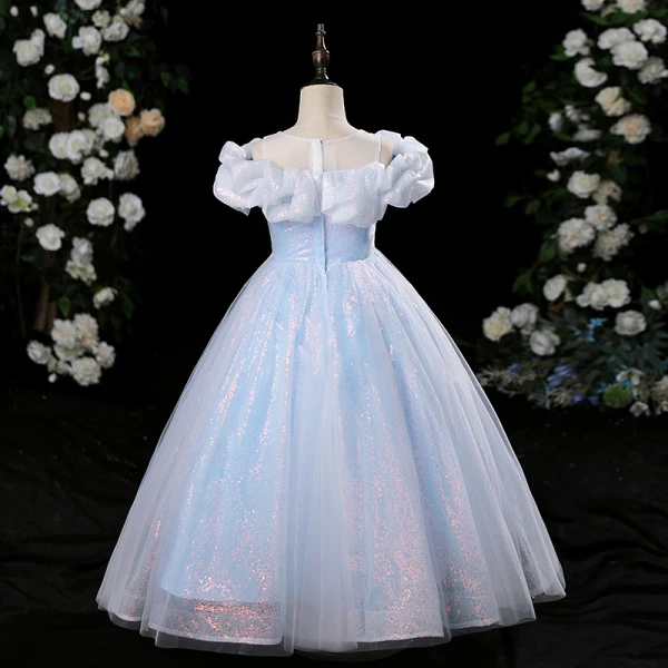 Chic / Beautiful Sky Blue Sequins Birthday Flower Girl Dresses 2024 A-Line / Princess Scoop Neck Ruffle Short Sleeve Floor-Length / Long