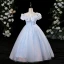 Chic / Beautiful Sky Blue Sequins Birthday Flower Girl Dresses 2024 A-Line / Princess Scoop Neck Ruffle Short Sleeve Floor-Length / Long
