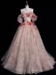 Flower Fairy Blushing Pink Appliques Prom Dresses 2024 Ball Gown Off-The-Shoulder Short Sleeve Backless Floor-Length / Long Prom Formal Dresses