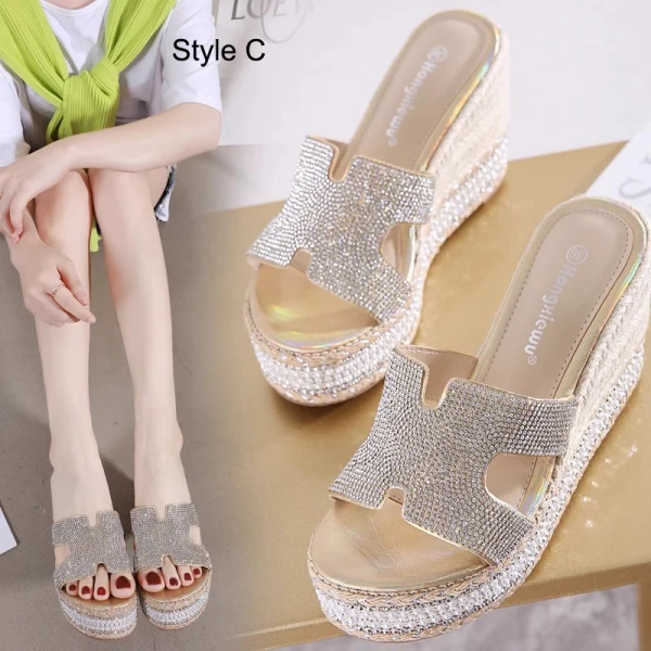 Fashion Bling Bling Silver Rhinestone Sequins Street Wear Summer Womens Sandals 2023 10 cm Wedges Open / Peep Toe Sandals