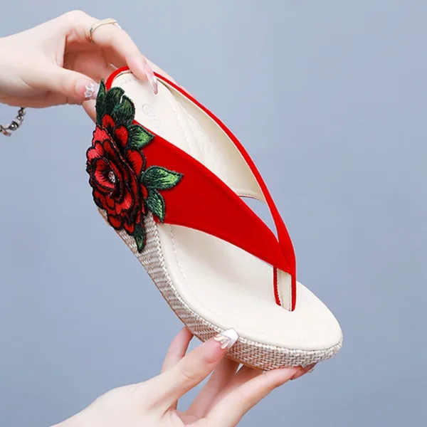 Böhmen Rot Sommer Strand Stickerei Blumen Sandalen Damen 2024 9 cm Keilabsatz Peeptoes Sandaletten