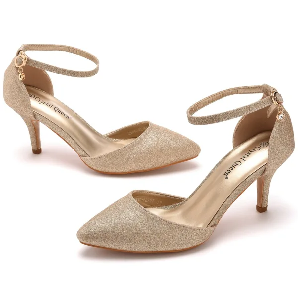Bling Bling Gold Pailletten Abend Damenschuhe 2024 Knöchelriemen 7 cm Stilettos Spitzschuh Sandaletten Hochhackige