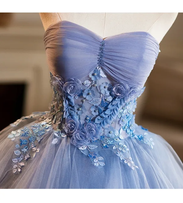 Chic / Beautiful Sky Blue Pearl Lace Flower Appliques Prom Dresses 2025 Ball Gown Strapless Sleeveless Backless Floor-Length / Long Prom Formal Dresses