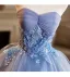 Chic / Beautiful Sky Blue Pearl Lace Flower Appliques Prom Dresses 2025 Ball Gown Strapless Sleeveless Backless Floor-Length / Long Prom Formal Dresses