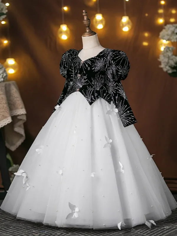 Vintage / Retro Black Glitter Birthday Flower Girl Dresses 2025 Ball Gown Square Neckline Puffy Long Sleeve Floor-Length / Long