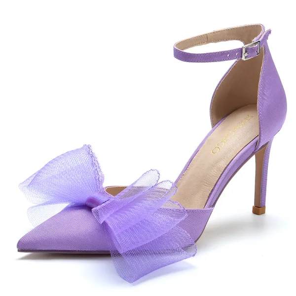 Chic / Beautiful Prom Lavender Womens Shoes 2023 Ankle Strap Bow 8 cm Stiletto Heels Pointed Toe Womens Shoes High Heels