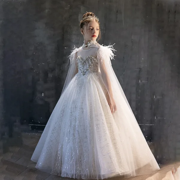 Charming White Beading Pearl Rhinestone Sequins Tassel Birthday Flower Girl Dresses 2025 Ball Gown Scoop Neck Sleeveless Sweep Train