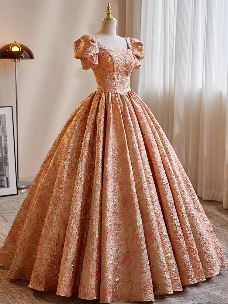 Fashion Orange Prom Dresses 2023 Ball Gown Square Neckline Short Sleeve Backless Long