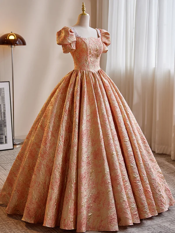 Fashion Orange Prom Dresses 2023 Ball Gown Square Neckline Short Sleeve Backless Floor-Length / Long Prom Formal Dresses
