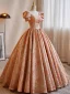 Fashion Orange Prom Dresses 2023 Ball Gown Square Neckline Short Sleeve Backless Floor-Length / Long Prom Formal Dresses