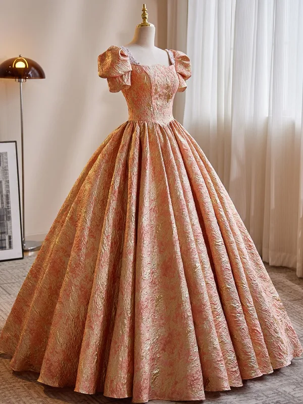 Chic / Beautiful Orange Beading Prom Dresses 2024 Ball Gown Square Neckline Puffy Short Sleeve Backless Floor-Length / Long Prom Formal Dresses
