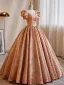 Chic / Beautiful Orange Beading Prom Dresses 2024 Ball Gown Square Neckline Puffy Short Sleeve Backless Floor-Length / Long Prom Formal Dresses
