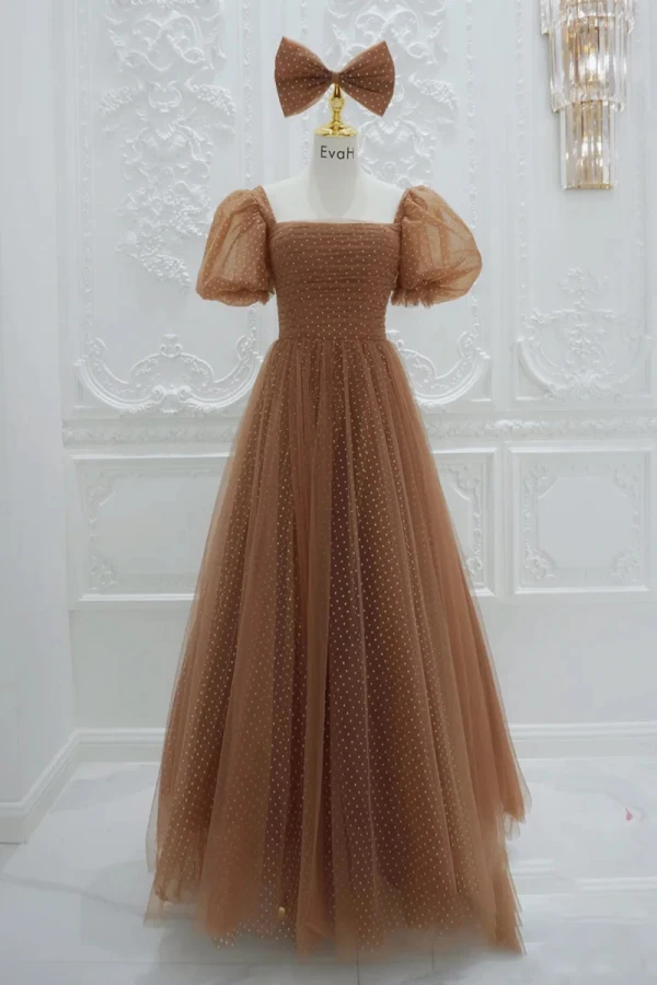 Vintage / Retro Brown Princess Prom Dresses 2021 Square Neckline Crossed Straps Floor-Length / Long Ruffle Tulle Satin Short Sleeve Formal Dresses