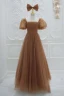 Vintage / Retro Brown Princess Prom Dresses 2021 Square Neckline Crossed Straps Floor-Length / Long Ruffle Tulle Satin Short Sleeve Formal Dresses