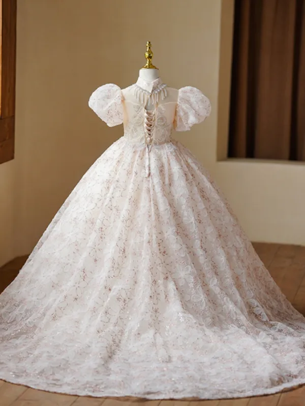 Lovely Champagne Sequins Beading Pearl Butterfly Birthday Flower Girl Dresses 2023 Ball Gown High Neck Puffy Short Sleeve Floor-Length / Long Flower Girl Dresses