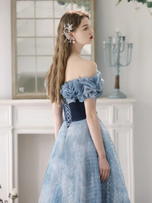 Mode Meeresblau Perle Schmetterling Geflecktes Ballkleider 2023 A Linie Rüschen Off Shoulder Kurze Ärmel Rückenfreies Lange Ball Festliche Kleider