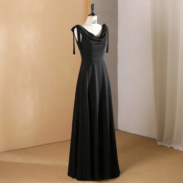 Modest / Simple Black Pearl Prom Dresses 2024 A-Line / Princess V-Neck Sleeveless Backless Floor-Length / Long Prom Formal Dresses