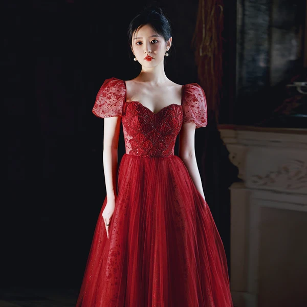 Charming Burgundy Beading Sequins Evening Dresses 2023 A-Line / Princess Square Neckline Short Sleeve Backless Floor-Length / Long Evening Party Formal Dresses