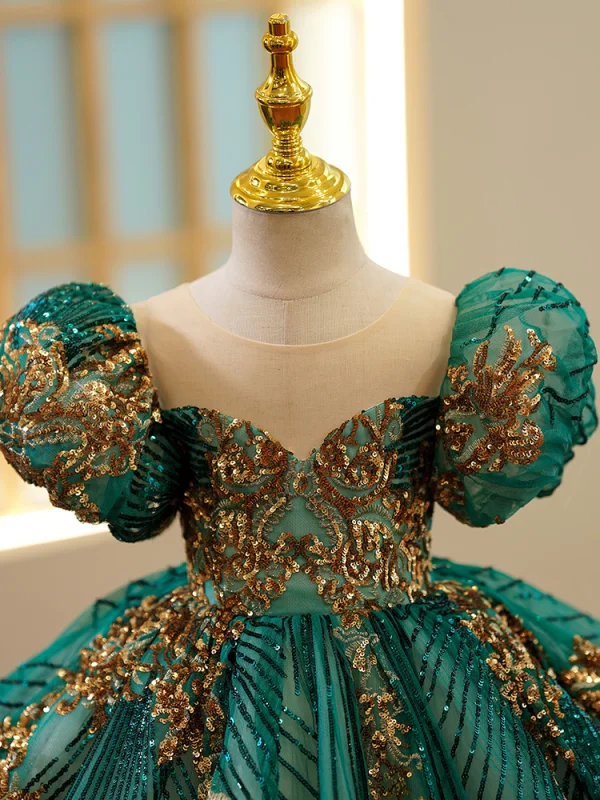 Chic / Beautiful Dark Green Beading Sequins Flower Girl Dresses 2022 Ball Gown Scoop Neck Puffy Short Sleeve Floor-Length / Long Prom Flower Girl Dresses
