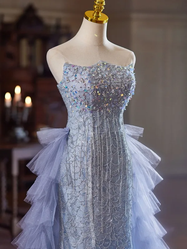 Haut de Gamme Bleu Ciel Perlage Paillettes Volants en Cascade Robe De Soirée 2024 Trompette / Sirène Bustier Sans Manches Dos Nu Longue Soirée Robe De Ceremonie