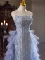Haut de Gamme Bleu Ciel Perlage Paillettes Volants en Cascade Robe De Soirée 2024 Trompette / Sirène Bustier Sans Manches Dos Nu Longue Soirée Robe De Ceremonie