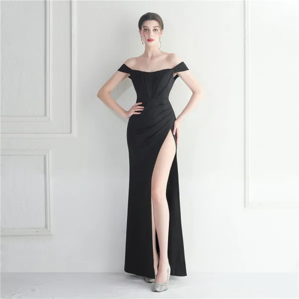 Chic / Beautiful White Split Front Evening Dresses 2024 Trumpet / Mermaid Off-The-Shoulder Sleeveless Backless Floor-Length / Long Evening Party Formal Dresses