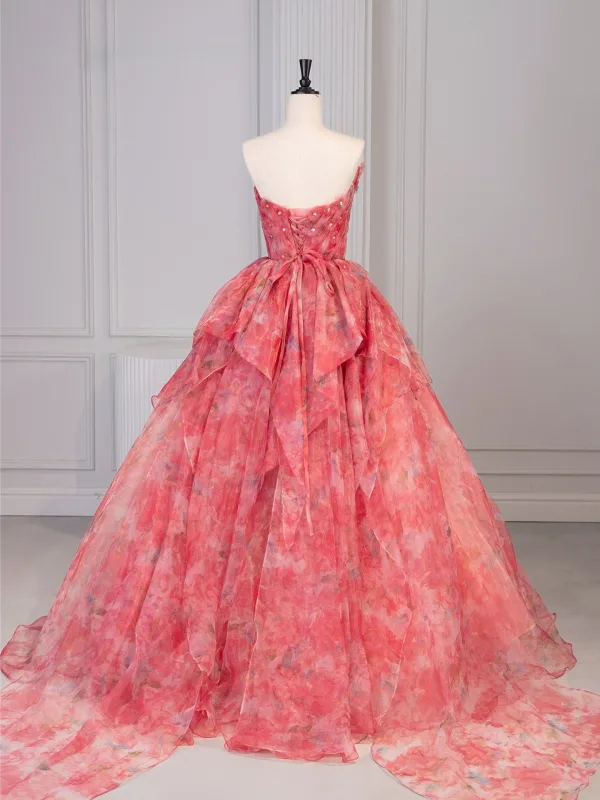 Flower Fairy Candy Pink Floral Appliques Prom Dresses 2025 Ball Gown Strapless Sleeveless Backless Sweep Train Formal Dresses