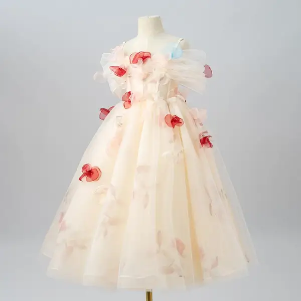 Lovely Champagne Appliques Birthday Flower Girl Dresses 2025 A-Line / Princess Off-The-Shoulder Short Sleeve Backless Floor-Length / Long Flower Girl Dresses
