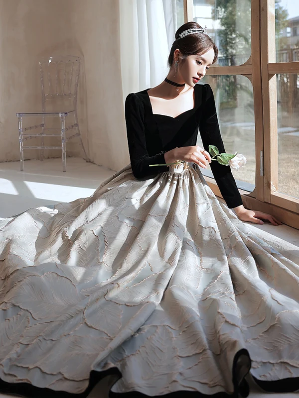 Elegant Black Velour Evening Dresses 2023 A-Line / Princess Square Neckline Long Sleeve Floor-Length / Long Evening Party Formal Dresses