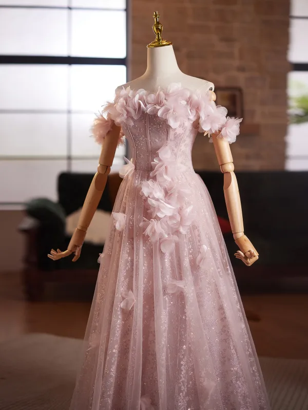 Chic / Beautiful Blushing Pink Appliques Sequins A-Line / Princess Prom Dresses 2025 Off-The-Shoulder Sleeveless Backless Floor-Length / Long Formal Dresses
