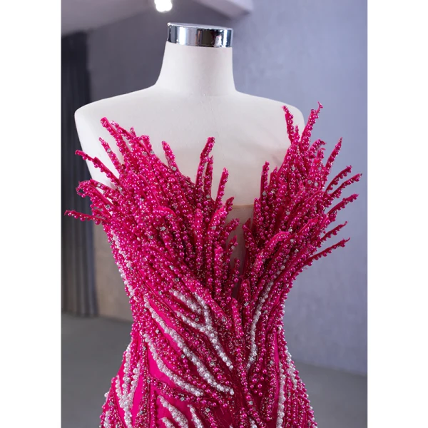 High-end Fuchsia Handmade  Beading Pearl Sequins Cascading Ruffles Prom Dresses 2023 Trumpet / Mermaid Strapless Sleeveless Backless Royal Train Prom Formal Dresses