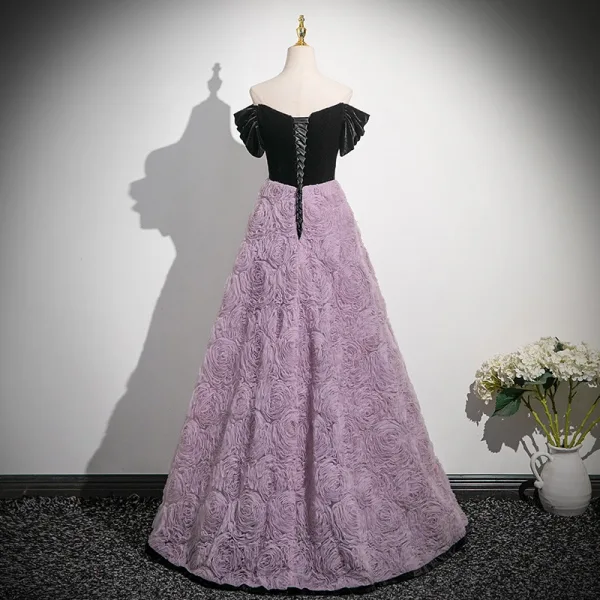 Chic / Beautiful Lavender Flower Rhinestone Prom Dresses 2025 A-Line / Princess Off-The-Shoulder Short Sleeve Backless Floor-Length / Long Formal Dresses