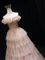 Charming Champagne Beading Sequins Evening Dresses 2022 A-Line / Princess Ruffle Off-The-Shoulder Sleeveless Backless Floor-Length / Long Formal Dresses