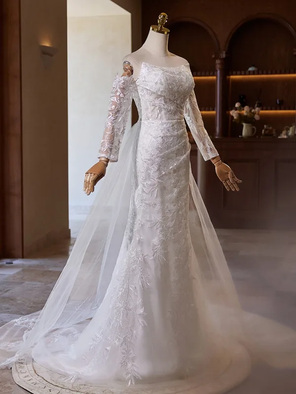 Légère Blanche En Dentelle Fleur Robe De Mariée 2024 Trompette / Sirène De l'épaule Manches Longues Dos Nu Train De Balayage Mariage
