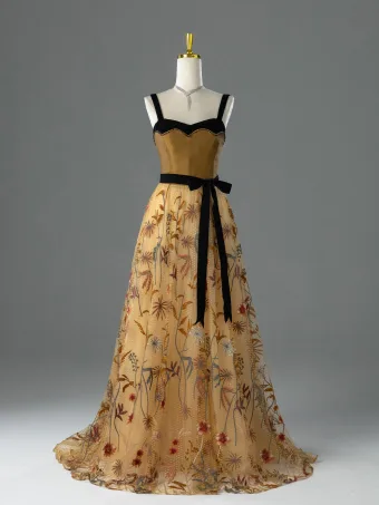 Vintage Retro Champagne Embroidered Bow Sash Prom Dresses 2026 A Line Princess Spaghetti Straps Sleeveless Backless Sweep Train Formal Dresses
