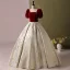 Elegant Burgundy Printing Prom Dresses 2024 Ball Gown Square Neckline Short Sleeve Backless Floor-Length / Long Prom Formal Dresses