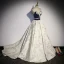 Fashion Navy Blue Satin Prom Dresses 2022 A-Line / Princess Strapless Sequins Bow Sleeveless Backless Sweep Train Formal Dresses