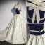 Fashion Navy Blue Satin Prom Dresses 2022 A-Line / Princess Strapless Sequins Bow Sleeveless Backless Sweep Train Formal Dresses