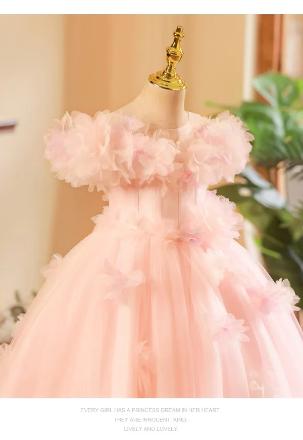 Lovely Blushing Pink Appliques Birthday Flower Girl Dresses 2025 Ball Gown Scoop Neck Short Sleeve Backless Sweep Train Tulle Flower Girl Dresses