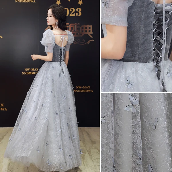 Chic / Beautiful Grey Butterfly Appliques Evening Dresses 2023 A-Line / Princess Square Neckline Short Sleeve Backless Floor-Length / Long Evening Party Formal Dresses