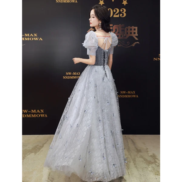 Chic / Beautiful Grey Butterfly Appliques Evening Dresses 2023 A-Line / Princess Square Neckline Short Sleeve Backless Floor-Length / Long Evening Party Formal Dresses