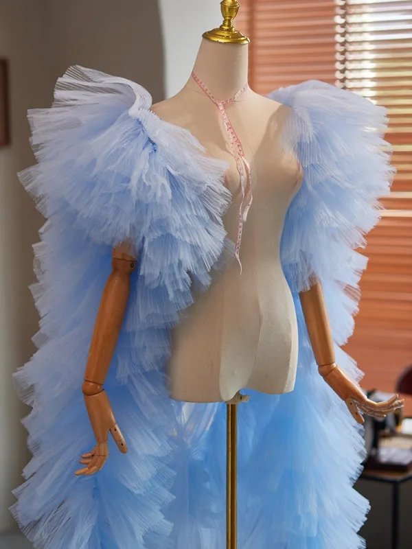 Fine Himmelen Blå Håndlaget Gripende Ruffles Tyll Aften Ball sjal Jakker & wraps 2024