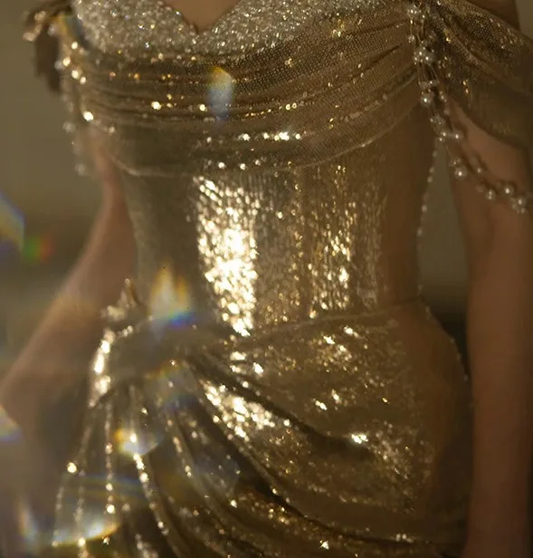 Sparkly Gold Sequins Evening Dresses 2024 Trumpet / Mermaid Off-The-Shoulder Sleeveless Backless Floor-Length / Long Evening Party Formal Dresses