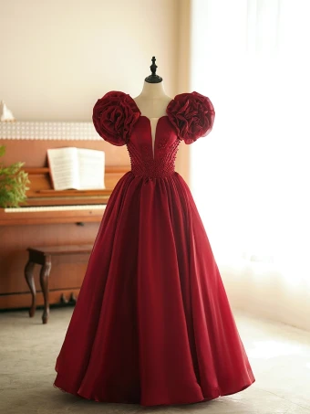 Vintage Originale Bordeaux Fleur Manches Courtes Robe De Bal 2024 Princesse De L Épaule Dos Nu Longue Promo Robe De Ceremonie