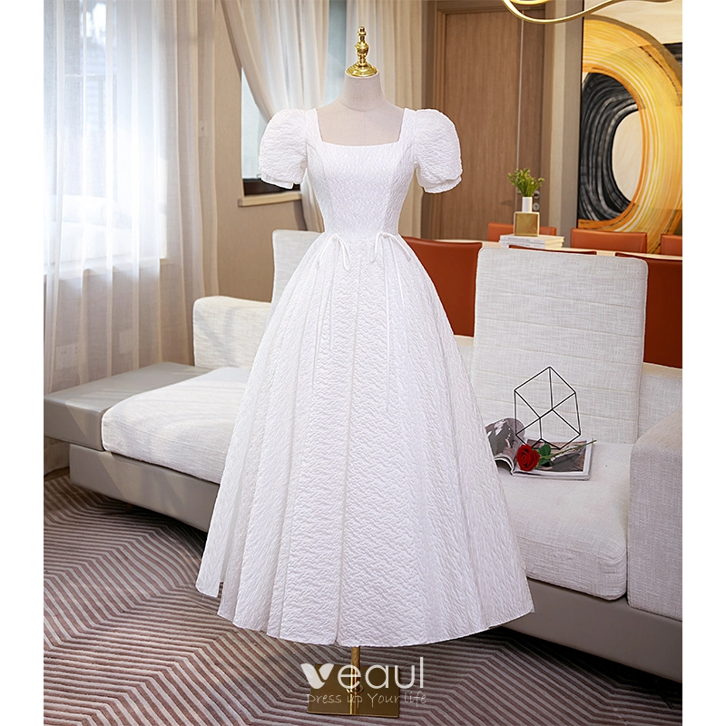 Modest / Simple Ivory Solid Color Prom Dresses 2022 A-Line / Princess  Square Neckline Short Sleeve Backless Sash Bow Floor-Length / Long Formal  Dresses