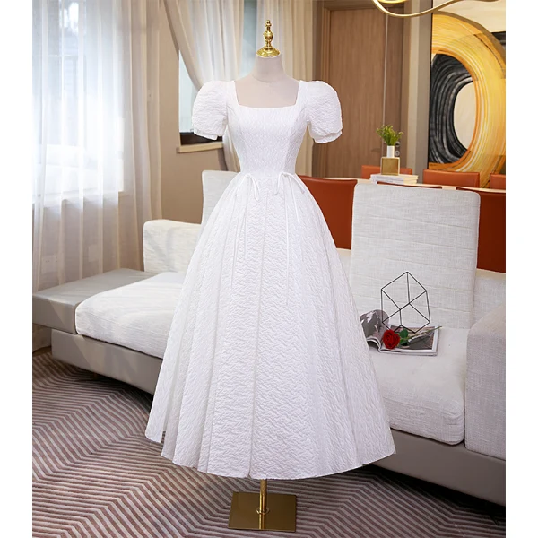 Modest Simple Ivory Solid Color Prom Dresses 2022 A-Line Princess Square Neckline Short
