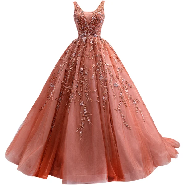 High End Orange Perlenstickerei Pailletten Ballkleider 2022 Ballkleid V-Ausschnitt Ärmellos Rückenfreies Sweep / Pinsel Zug Ball Festliche Kleider