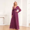 Modest / Simple Fuchsia Glitter Prom Dresses 2024 A-Line / Princess V-Neck Long Sleeve Floor-Length / Long Prom Formal Dresses
